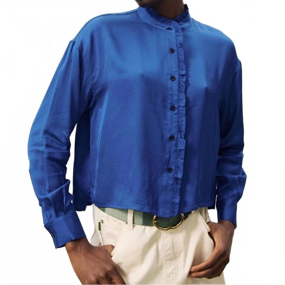 FRNCH Paris Victoria Ruffle Button Down Blouse in Blue Large